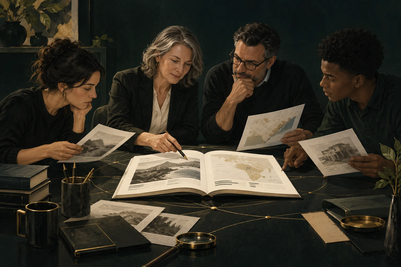 Illustration of four people comparing documents around an open case file