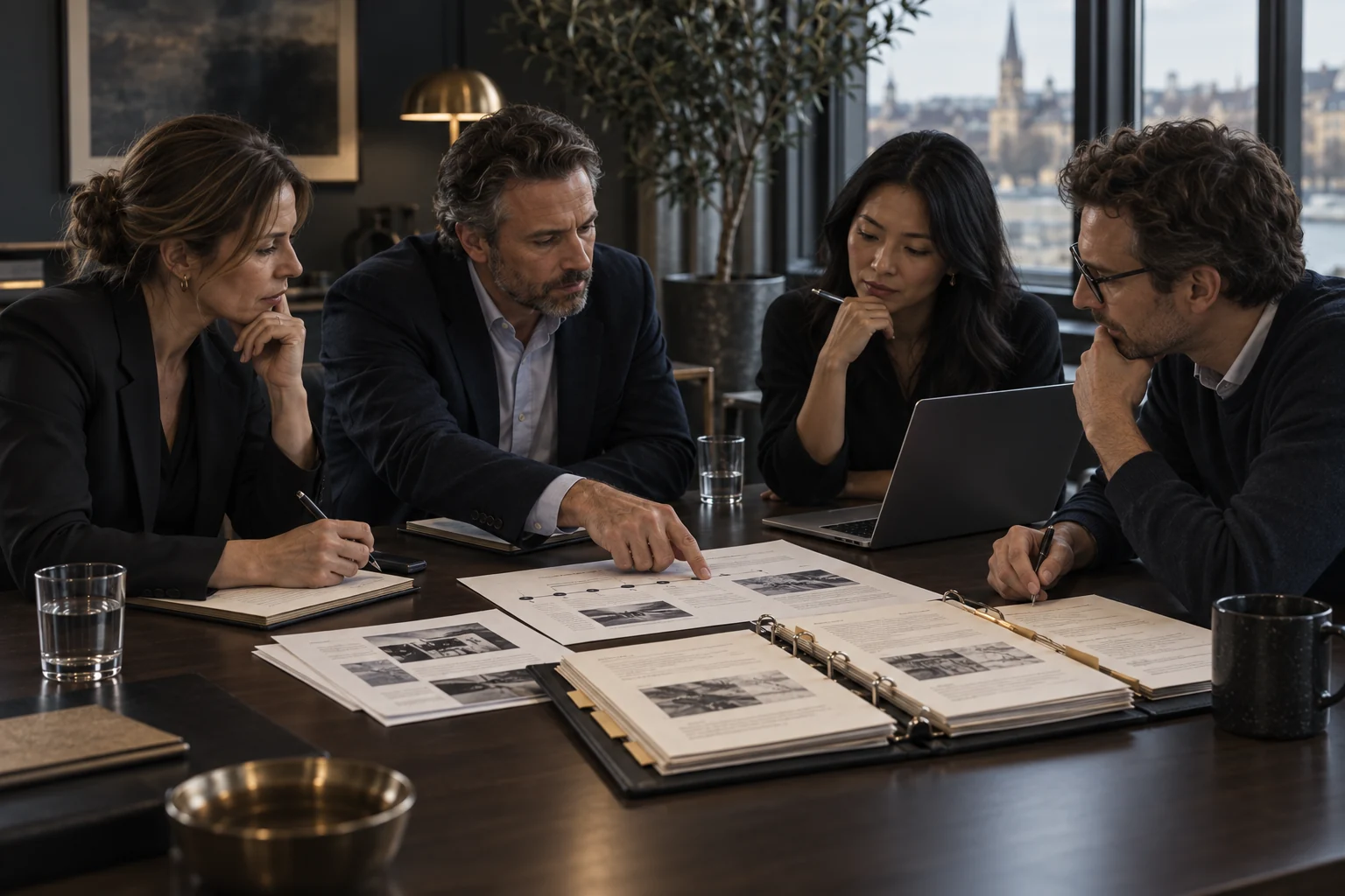 Illustration of four professionals comparing a timeline and supporting documents around a working case file