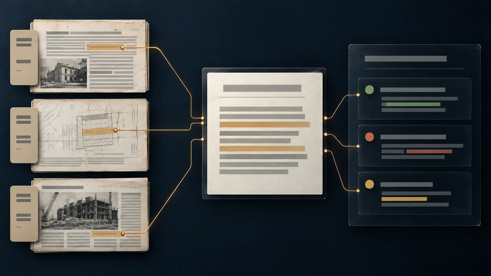 Three sources connect to a claim and then to a review outcome distinguishing corroboration, contradiction and an open question