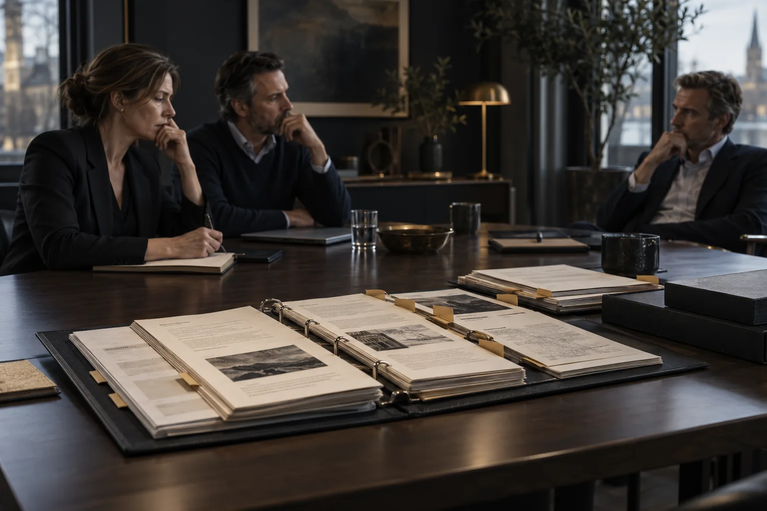 Three cofounders sitting apart around a table, with an organised case file in the foreground. Fictional illustration.